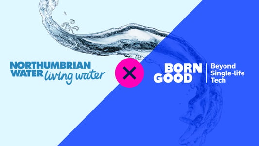 Northumbrian Water and BornGood partnership graphic, the two company logos side by side, joined by a cross, over a flowing water image on a split light blue and brand blue background.
